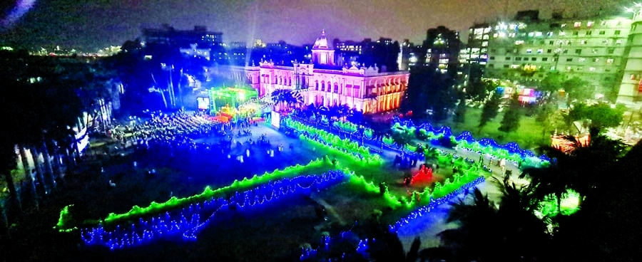 Ahsan Manzil in the capital was illuminated on Sunday on the occasion of historic March 7.