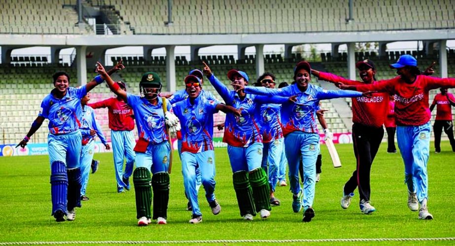 Bangladesh Blue team celebrates after beating Bangladesh Green team by nine wickets during the 9th Bangabandhu Bangladesh Games at Sylhet International Cricket Stadium on Monday