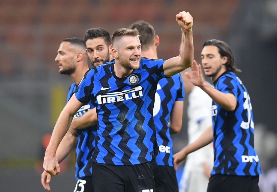 Inter Milan's Milan Skriniar (center) celebrates after the Serie A match against Atalanta at San Siro, Milan, Italy on Monday.