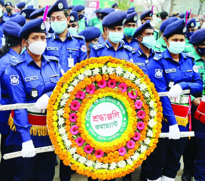 Police members of Rangpur PTC participated in handing over wreaths and guard of honor to Father of the Nation Bangabandhu Sheikh Mujibur Rahman's speech on the PTC premises on Sunday.
