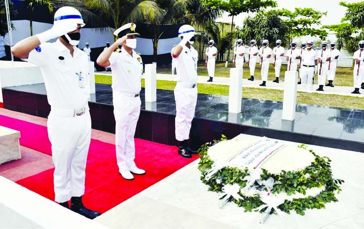 Representatives of Indian Navy pay floral tributes at the memorial of Birshreshtha Shaheed Ruhul Amin on Tuesday marking the Mujib Year and golden jubilee of the Independence. ISPR photo