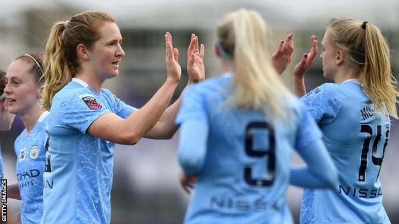 Players of Manchester City celebrating after scoring a goal against Fiorentina to reach the quarter-finals of the Women's Championship League on Thursday.