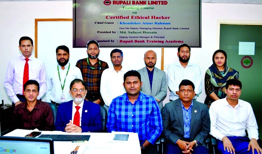 Khandaker Ataur Rahman, Deputy Managing Director of Rupali Bank Ltd, poses for a photograph after attending launching training on "Certified Ethical Hacking" at the bank's Training Academy in the city on Thursday.
