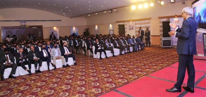 Khwaja Shahriar, Managing Director & CEO of LankaBangla Finance Limited, speaking the Town Hall Meeting-2021 of the company at a hotel in capital city on Sunday. Mohammad A. Moyeen, Chairman of the company joined the meeting virtually while Mohammed Nasir