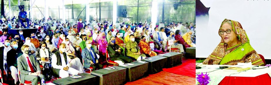 Prime Minister Sheikh Hasina speaks at the inauguration of 'Amar Ekushey Book Fair' on Bangla Academy premises in the city through video conferencing from Ganobhaban on Thursday. PID photo