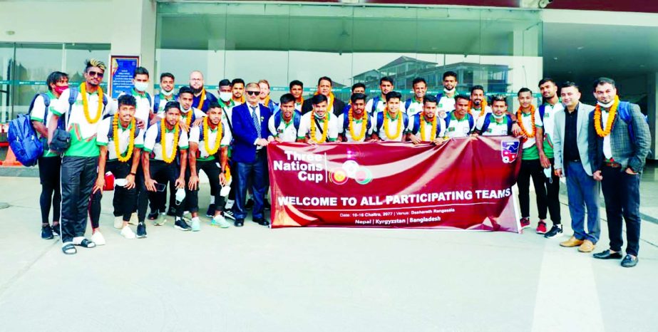 All Nepal Football Association's (ANFA) Vice President Shixit Parajuli and Executive Committee member Rupesh Adhikari and other ANFA officials welcome the Bangladesh Football team upon their arrival at the Tribhuvan International Airport in Nepal on Thur