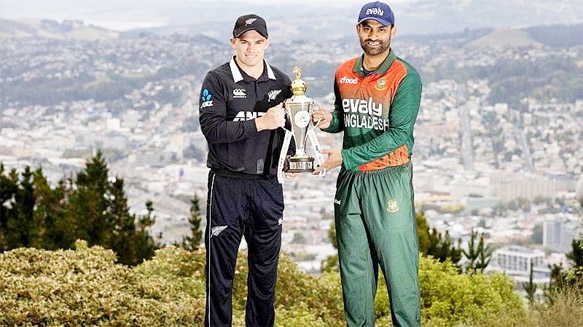 Bangladesh Cricket team Captain Tamim Iqbal and New Zealand Cricket team Captain Tom Latham pose with the trophy of ODI series on Friday.