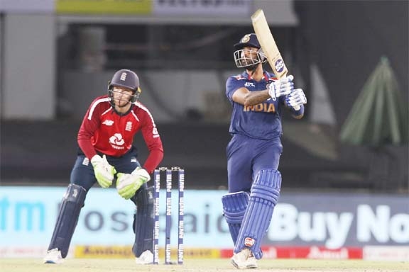 Suryakumar Yadav of India, goes inside out in the 4th T20I between India and England at Ahmedabad on Thursday.