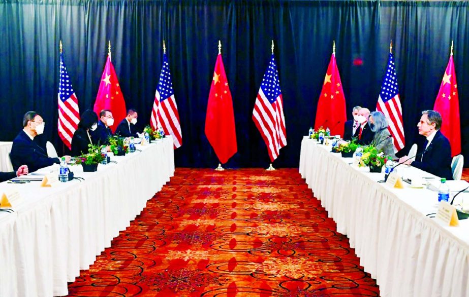 US Secretary of State Antony Blinken, joined by National Security Advisor Jake Sullivan, speaks while facing Yang Jiechi, director of the Central Foreign Affairs Commission Office, and Wang Yi, China's State Councilor and Foreign Minister, at the opening