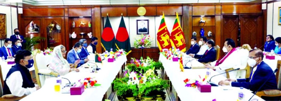 Prime Minister Sheikh Hasina held a bilateral meeting with her Sri Lankan counterpart Mahinda Rajapaksa at the Prime Minister's Office on Saturday. Photo: PID