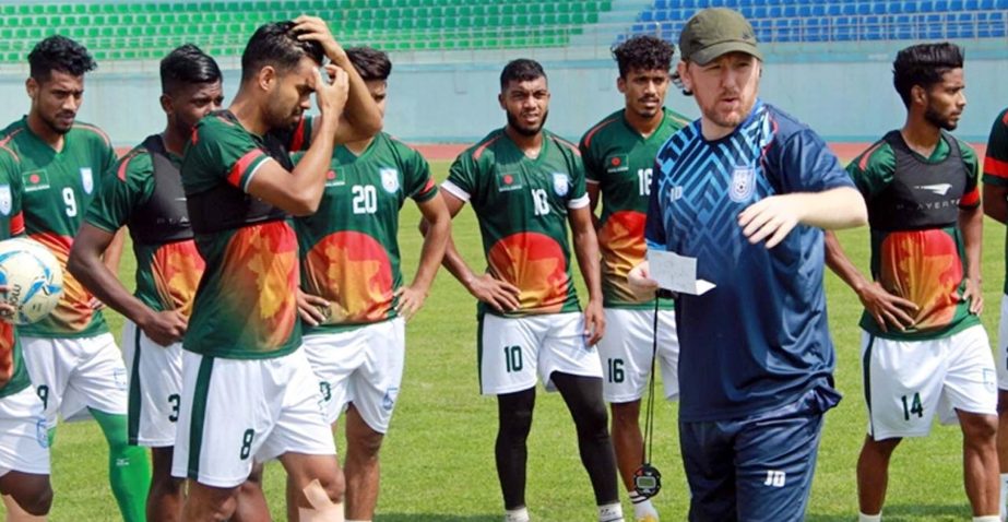 Members of Bangladesh Football team during their practice session at Dashrath Rangashala Stadium in Kathmandu, the capital city of Nepal on Sunday.