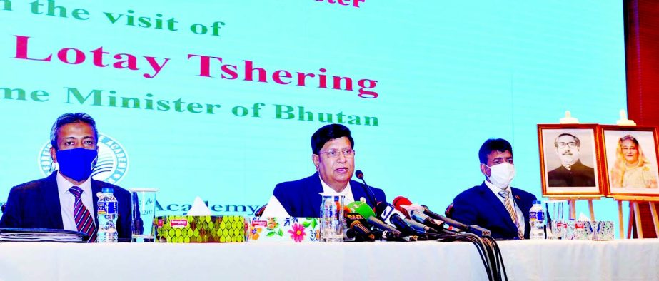 Foreign Minister Dr. AK Abdul Momen briefs the journalists at the Foreign Service Academy in the city on Wednesday on the occasion of.Bhutanese Prime Minister Dr. Lotay Tshering's visit to Bangladesh.