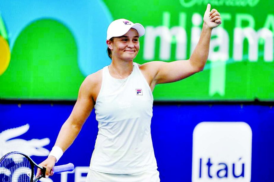 Ashleigh Barty of Australia reacts after defeating Jelena Ostapenko of Latvia (not in frame) during the Miami Open tennis tournament in Miami Gardens, Florida on Saturday.