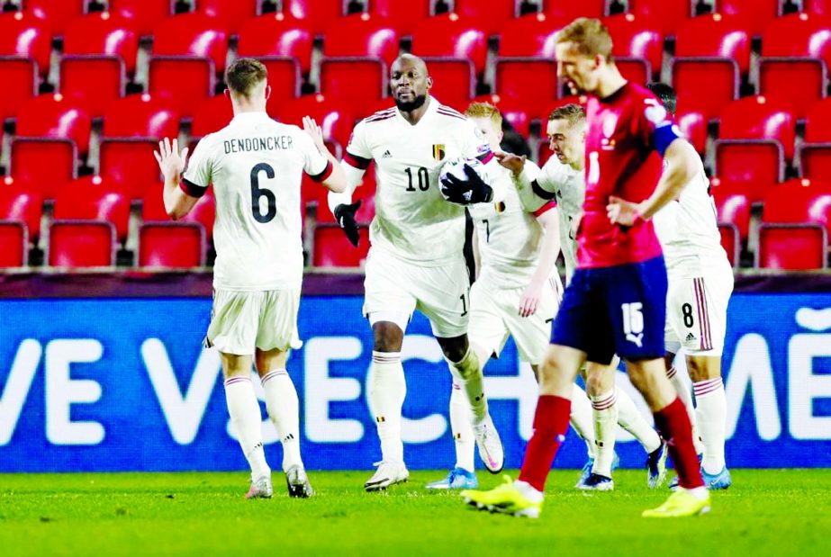 Belgium's Romelu Lukaku (2nd left) celebrates scoring their first goal against Czech Republic at the Eden Arena, Prague on Saturday.