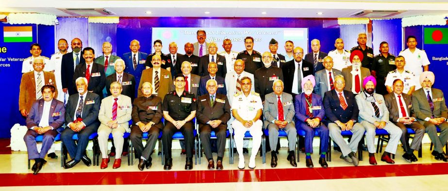 A delegation of Indian Armed Forces who fought in the Liberation War of Bangladesh in 1971 participates a photo session with Chief of Bangladesh Naval Staff M Shaheen Iqbal marking the Birth Centenary of Father of the Nation Bangabandhu Sheikh Mujibur Rah
