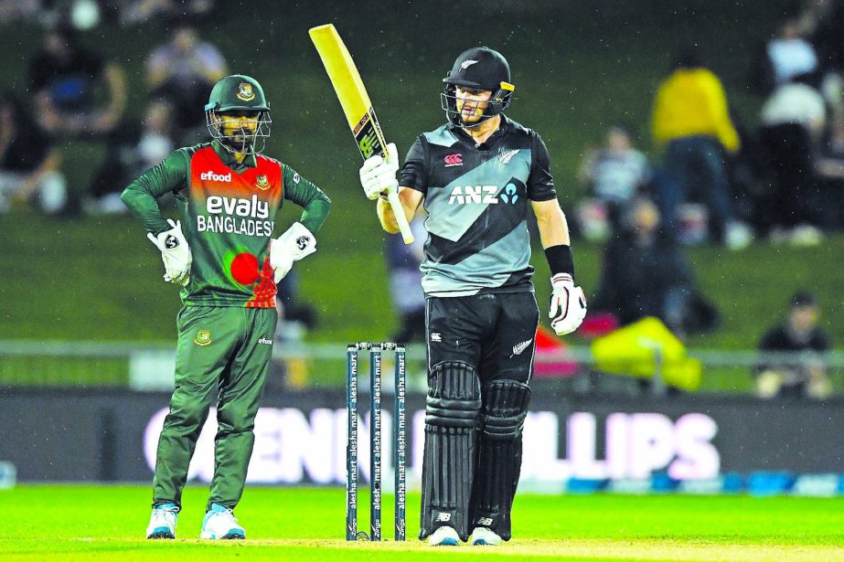 Glenn Phillips of New Zealand, celebrates his half-century in the 2nd T20I match between Bangladesh and New Zealand at McLean Park in Napier, New Zealand on Tuesday. Phillips was adjudged the Man of the Match.