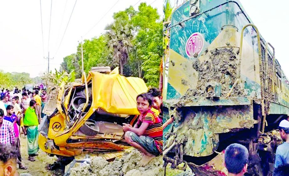 A soil-laden truck was smashed as it collided head-on with a train leaving two dead at Sadar upazila in Rajbari district on Tuesday.