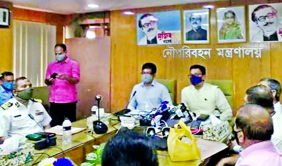 State Minister for Shipping Khalid Mahmud Chowdhury speaks at a meeting about plying of steamers and launch cautiously to ensure security of the passengers on the occasion of upcoming Eid-ul-Fitr at the seminar room of the ministry on Wednesday.