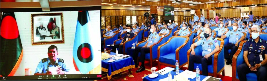 Chief of Air Staff Air Chief Marshal Masihuzzaman Serniabat speaks at a seminar through VTC on the occasion of 44th Annual Command Safety of BAF at its Falcon Hall in Dhaka Cantonment on Wednesday. ISPR photo