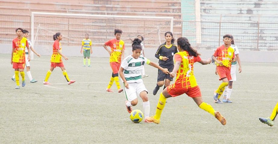 A moment of the women's football competition of the Bangabandhu 9th Bangladesh Games between Mymensing district team and Khulna district team at the Bir Shreshtha Shaheed Sepoy Mohammad Mostafa Kamal Stadium in the city's Kamalapur on Wednesday.
