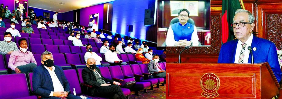 President Abdul Hamid at the inauguration of Digital Device and Innovation Expo- 2021 virtually in Film Archive auditorium in the city on Thursday. State Minister for ICT Zunaid Ahmed Palak presides over the event virtually. PID photo