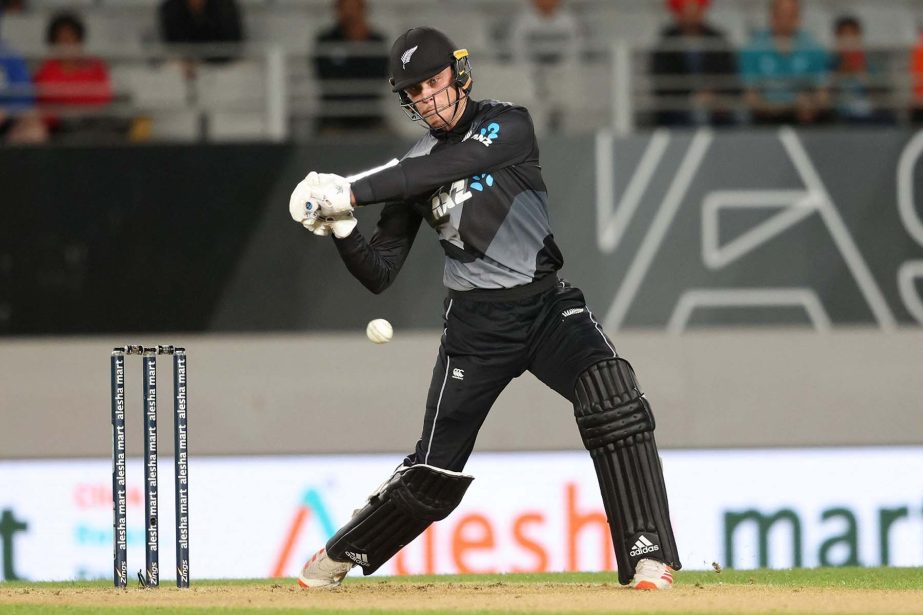 Finn Allen of New Zealand, hits a shot in the 3rd and final T20I between Bangladesh and New Zealand at the Eden Park in Auckland, New Zealand on Thursday.