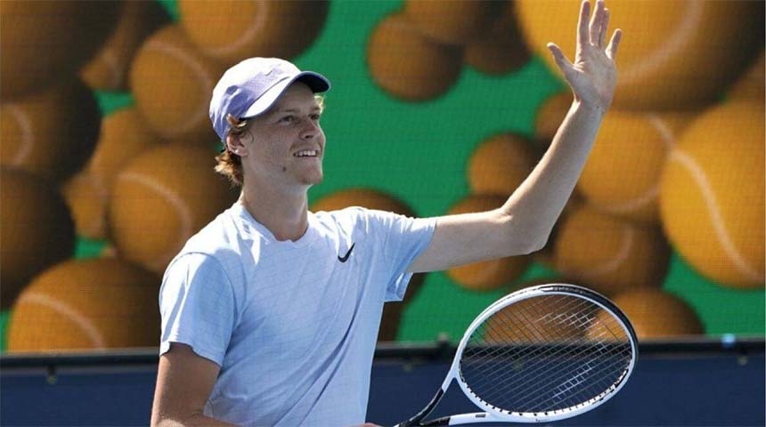 Jannik Sinner, of Italy, waves after defeating Roberto Bautista Agut, of Spain, during the semifinals of the Miami Open tennis tournamentin Miami Gardens on Friday. Sinner won 5-7, 6-4, 6-4.