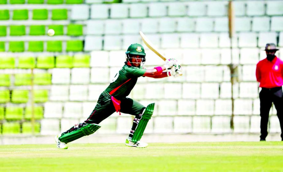 A batter of Bangladesh Emerging Women team in action against the South Africa Emerging Women team in their first one-day match at Sylhet International Cricket Stadium on Sunday.