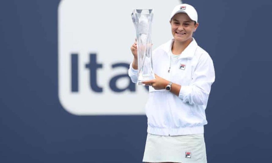 Ashleigh Barty of Australia poses with the winner's trophy after defeating Bianca Andreescu in the Miami Open final on Saturday.