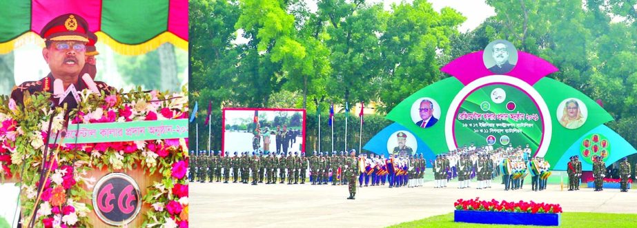 Chief of Army Staff General Aziz Ahmed speaks at the regimental colour awarding ceremony to four units of Bangladesh Army at Jashore Cantonment on Tuesday. ISPR photo