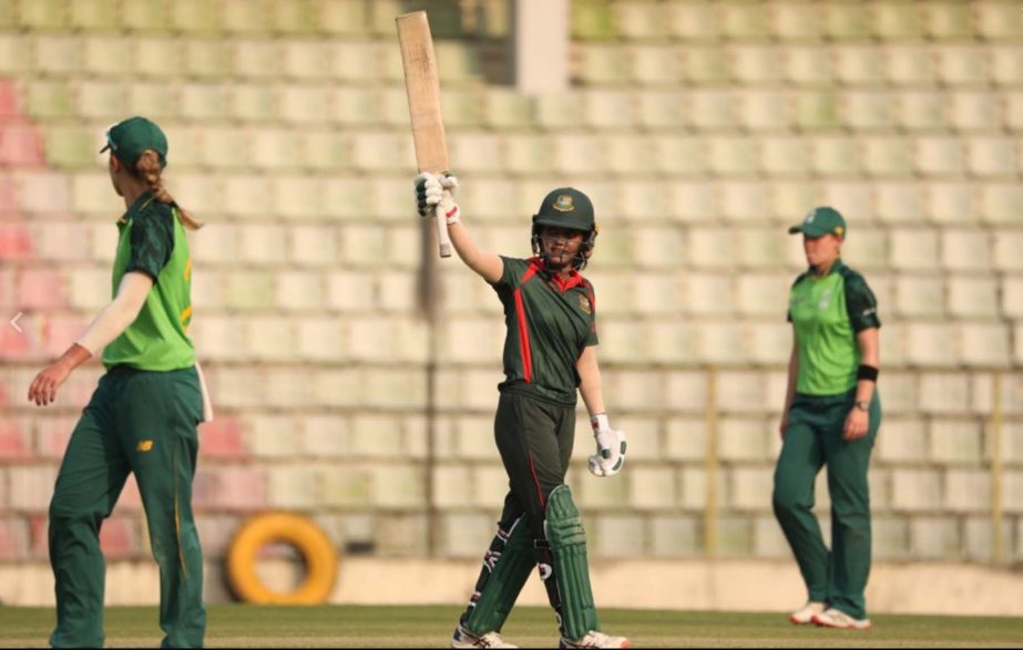 Nigar Sultana of Bangladesh Emerging Women's team, celebrating her century in the second one-day cricket match against South Africa Emerging Women's team at Sylhet International Cricket Stadium on Tuesday.
