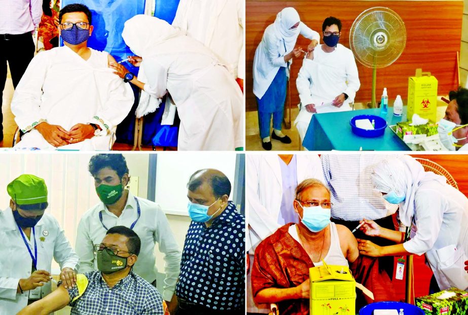 (1) State Minister for Shipping Khalid Mahmud Chowdhury receives the vaccine at BSMMU on Thursday. (2) State Minister for ICT Zunaid Ahmed Palak at the Convention Center of BSMMU. (3) Deputy Minister for Water Resources AKM Enamul Haque Shamim receives th