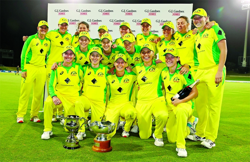 Australia hold the DJ Gardner ODI series trophy and Rose Bowl trophy after their series win during the third ODI International cricket match between New Zealand Women and Australia Women at Bay Oval in Mount Maunganui, New Zealand on Saturday.