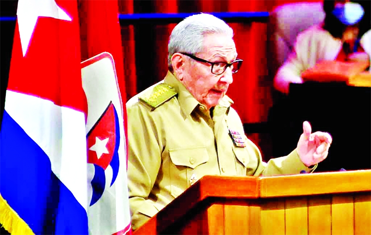 Cuban First Secretary of the Communist Party Raul Castro speaking during the opening session of the 8th Congress of the Cuban Communist Party at the Convention Palace in Havana.