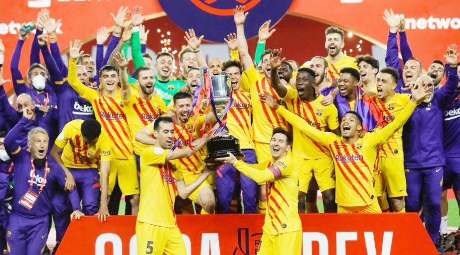 FC Barcelona players celebrate winning the Copa del Rey title after beating Athletic Bilbao in the final at the Estadio La Cartuja de Sevilla, Seville on Saturday.