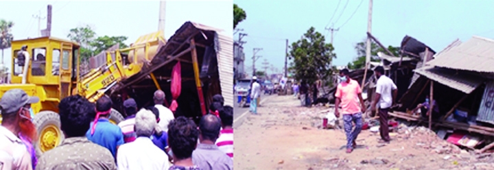 CHANDPUR: Illegal structures being bulldozed on Thursday.
