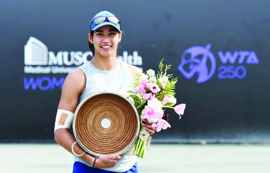 Australia's Astra Sharma poses with her first career WTA title with a victory over Tunisian Ons Jabeur in the WTA 250 clay court tournament in Charleston, South Carolina on Sunday.