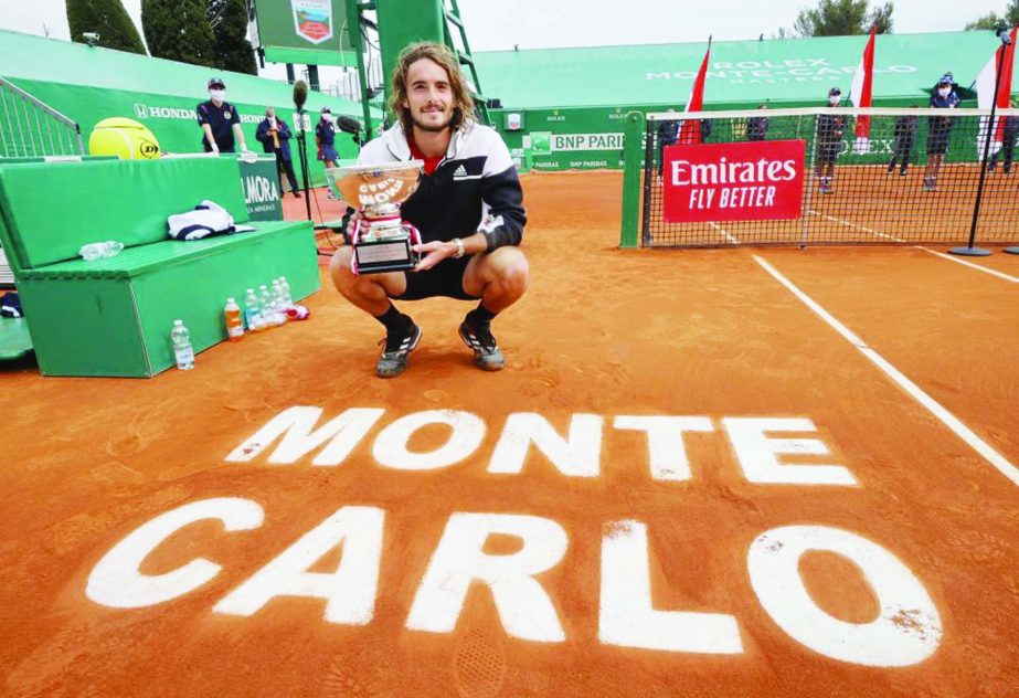 Greece's Stefanos Tsitsipas celebrates after winning the Monte Carlo Masters final match against Russia's Andrey Rublev on Sunday.