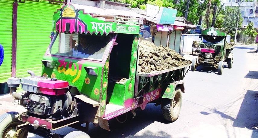 Shallow engine run trolley vehicles carrying soil in Chatmohor, Pabna damage the roads defying bans imposed by the authority. This photo was taken on Monday from Chatmohor municipality area.