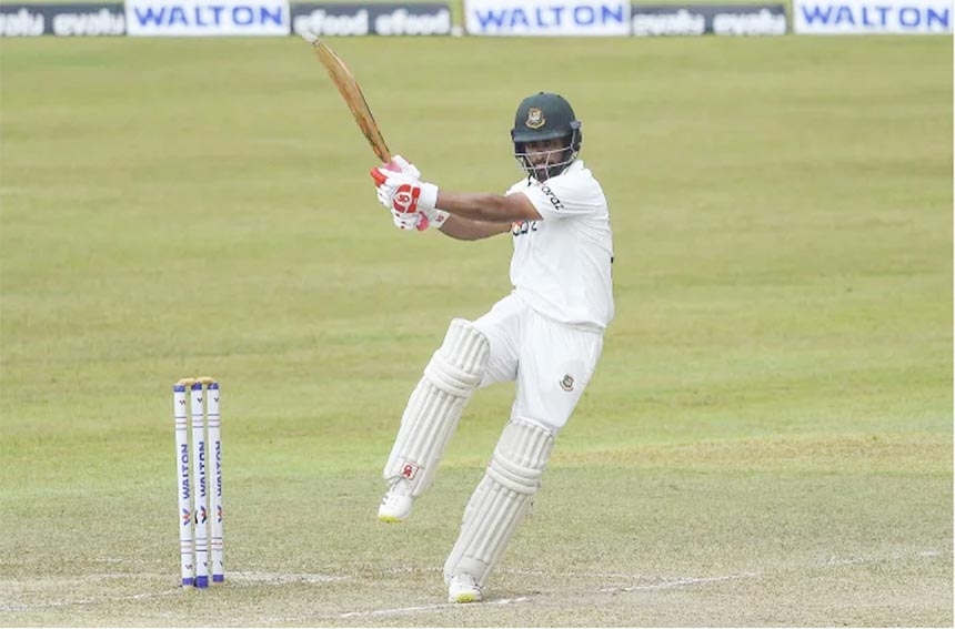 Tamim Iqbal of Bangladesh, plays a shot in his second innings during the fifth and final day’s match of the First Test between Bangladesh and Sri Lanka at Pallekele International Cricket Stadium in Kandy, Sri Lanka on Sunday. He remained unbeaten with 7