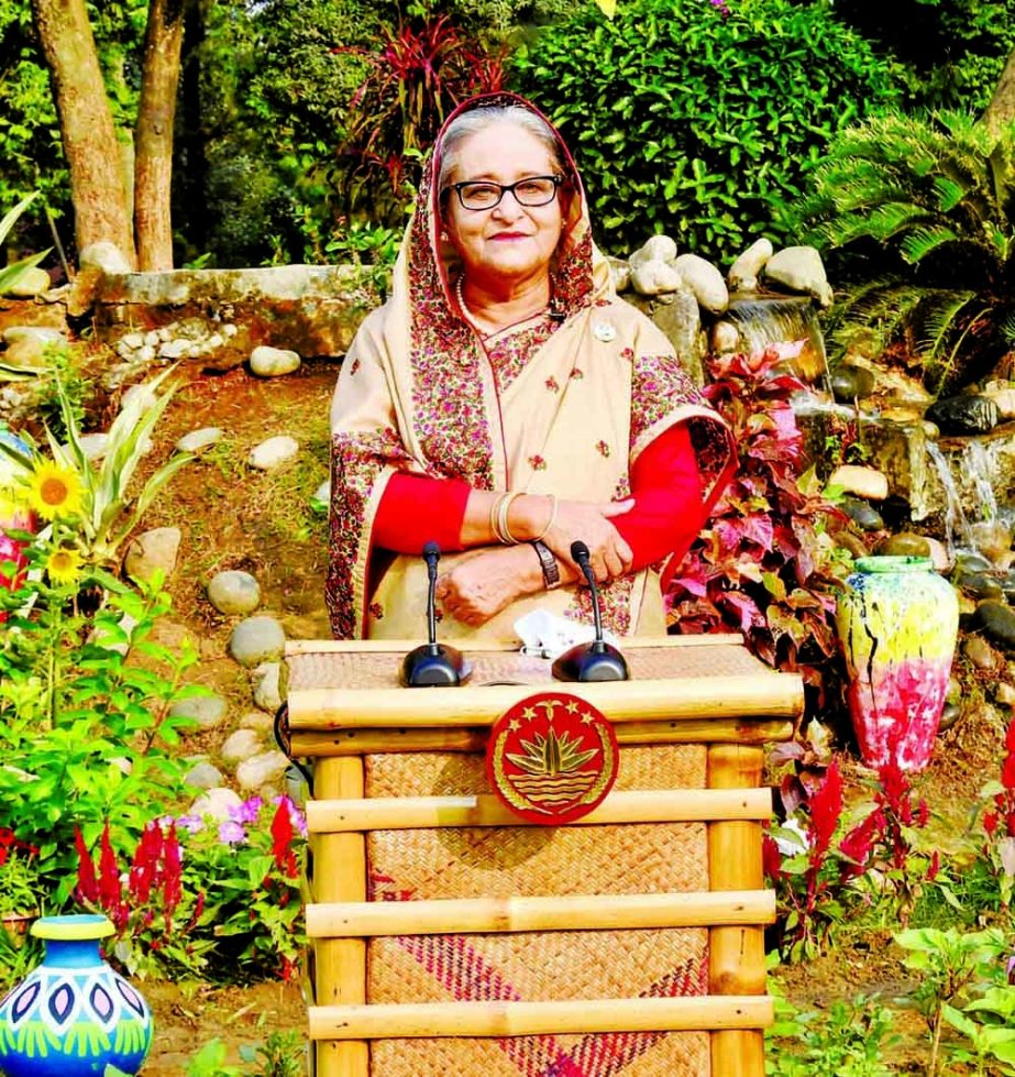Prime Minister Sheikh Hasina deliveres speech virtually from Ganobhaban at the 77th Annual Session of the 'Economic and Social Commission for Asia and the Pacific (ESCAP) held in Bangkok, Thailand on Monday.