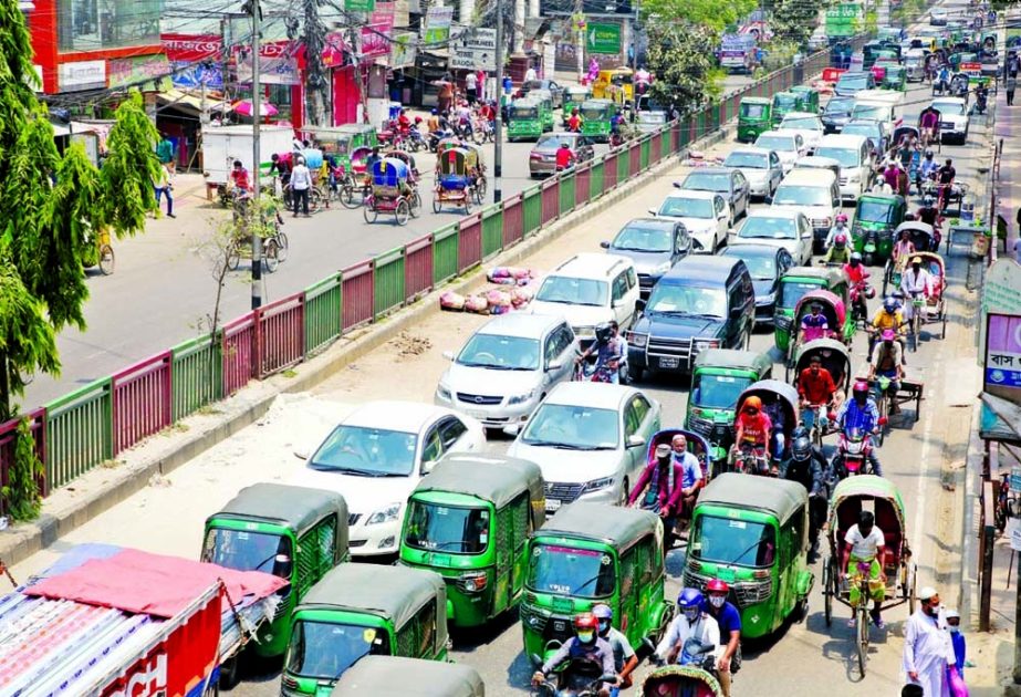 Capital Dhaka witnessed a significant rise in vehicular movement on the roads on Monday, with heavy traffic congestion in some areas. This photo was taken from Rampura area in the city.