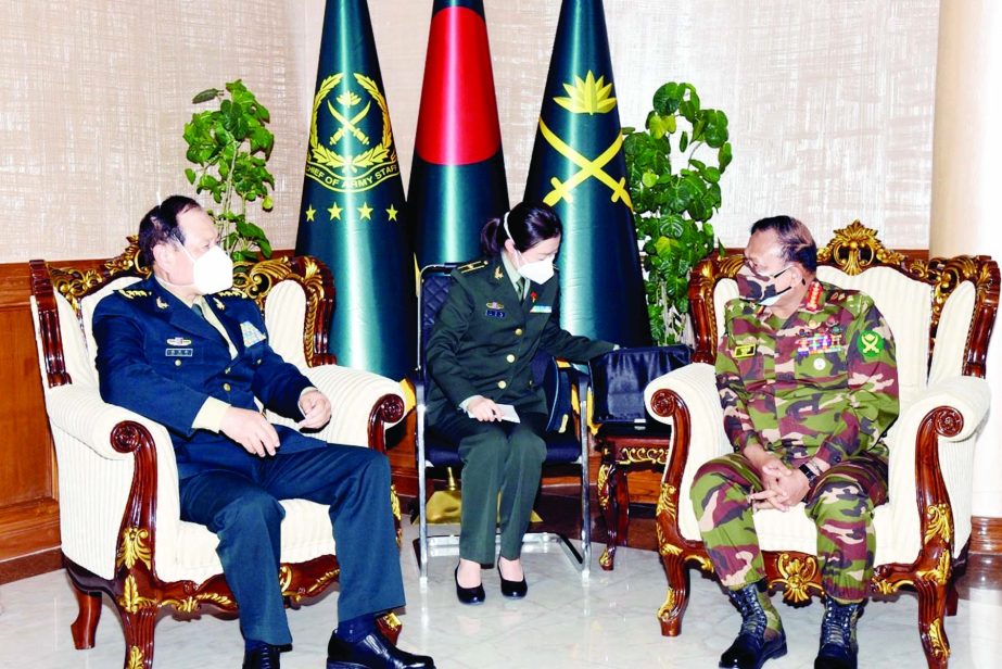 Chinese Defense Minister General Wei Fenghe calls on Chief of Army Sraff General Aziz Ahmed on Tuesday at Army Headquarters in Dhaka Cantonment. ISPR photo