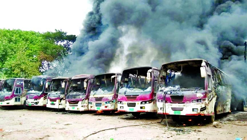 A devastating fire breaks out at Bandura bazar bus stand gutting ten buses and fifteen shops on Wednesday.