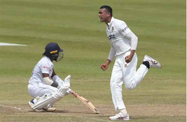 Taskin Ahmed (right) of Bangladesh celebrates after dismissal of Pathum Nissanka during the second day of the second Test match between Sri Lanka and Bangladesh at Pallekele International Cricket Stadium in Kandy, Sri Lanka on Friday.