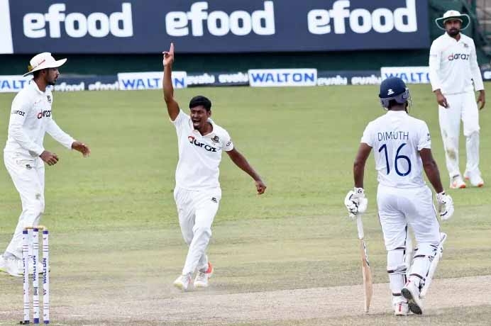 Taijul Islam (2nd from left) of Bangladesh, celebrates after dismissal of a Sri Lankan wicket during the fourth day's play of the second Test between Bangladesh and Sri Lanka at Pallekele International Cricket Stadium in Kandy, Sri Lanka on Sunday.