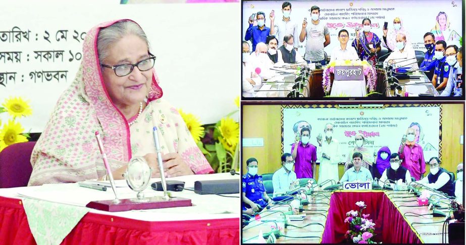 Prime Minister Sheikh Hasina launches the second phase of cash support disbursement among the 36.50 lakh families hit hard by the second wave of the coronavirus pandemic virtually from her official residence Ganabhaban on Sunday. PID photo
