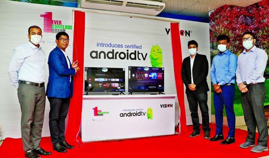 RN Paul, Managing Director of RFL Group, poses for photo after inaugurating the Google authorized Android TV at a program held at RFL's head office in the capital recently. Mohammad Mumim, Operation Manager of Vision Electronics and Shaikh Mahabubur Rahm
