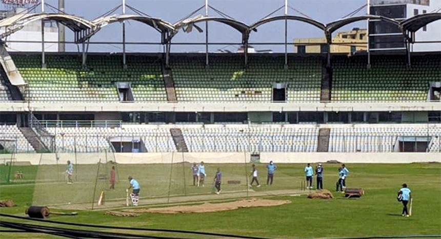 Cricketers of Bangladesh preliminary squad during their practice session at the Sher-e-Bangla National Cricket Stadium in the city's Mirpur on Friday.