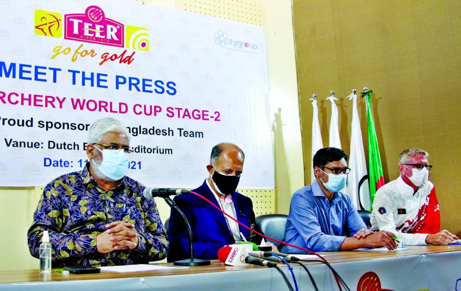 General Secretary of Bangladesh Archery Federation Kazi Rajib Uddin Ahmed Chapol (left) addressing a press conference at the Dutch-Bangla Bank Auditorium in Bangladesh Olympic Association Bhaban on Tuesday. President of Bangladesh Archery Federation Lieut